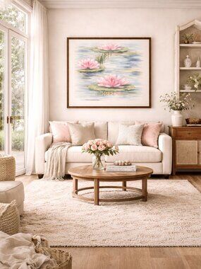 French Country Water Lily Print Impressionist Floral Wall Art Pink Pond Painting